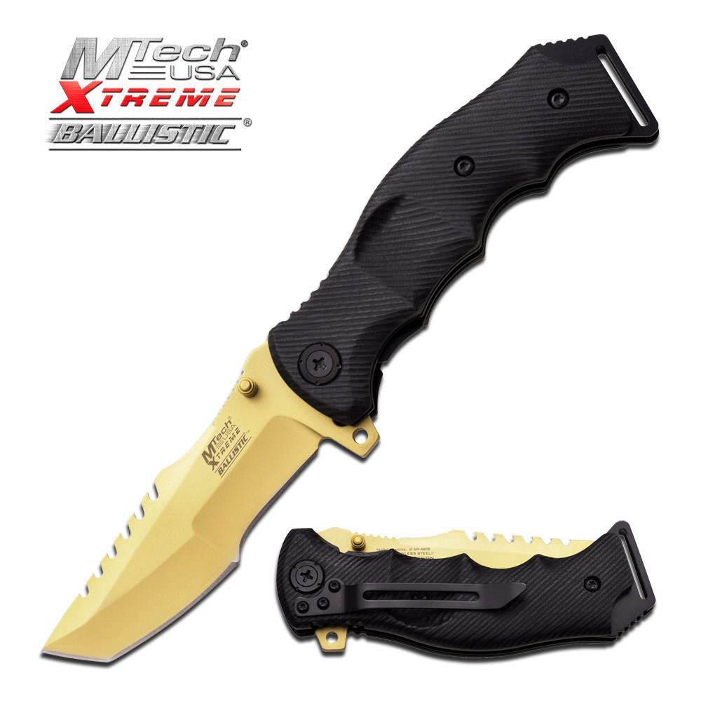 5 Inch MTech Xtreme Spring Assisted Gold Plate Knife With Black Handle Collectible Weapons - Tophatter Daily Deals