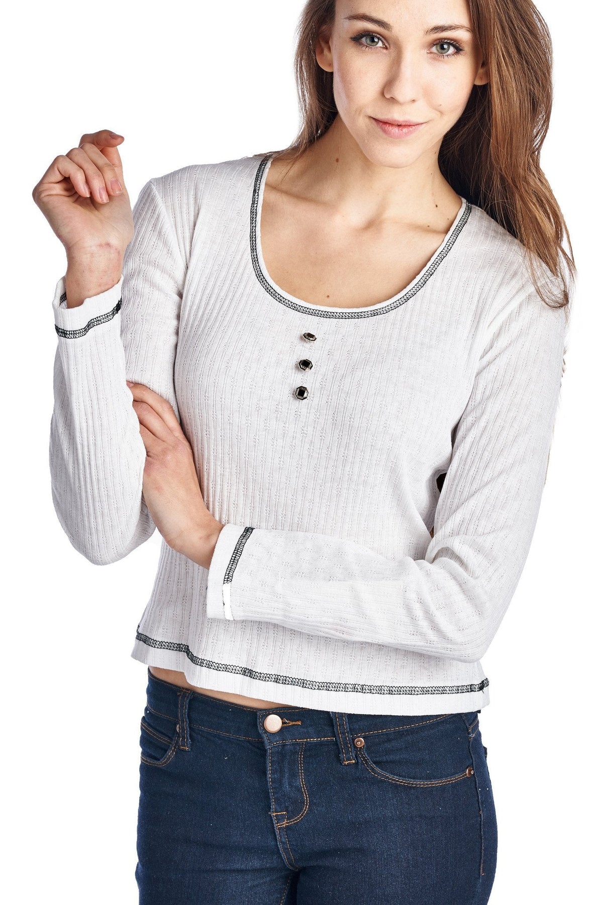 Women's Button Detail Long Sleeve Top White Tops - Tophatter Daily Deals