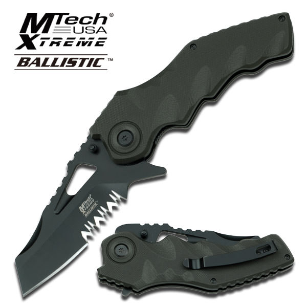 Mtech Tactical Green G10 Handle Black Serrated Blade Spring Assist Knife - Tophatter's Guns'N'Weapons Store Collectible Weapons - Tophatter Daily Deals