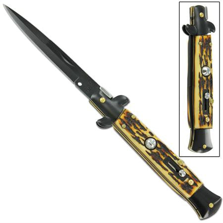9" Mafia Italian Milano Stiletto Black Stag Handle Classic Automatic Knife Knife-Auto - Tophatter Daily Deals