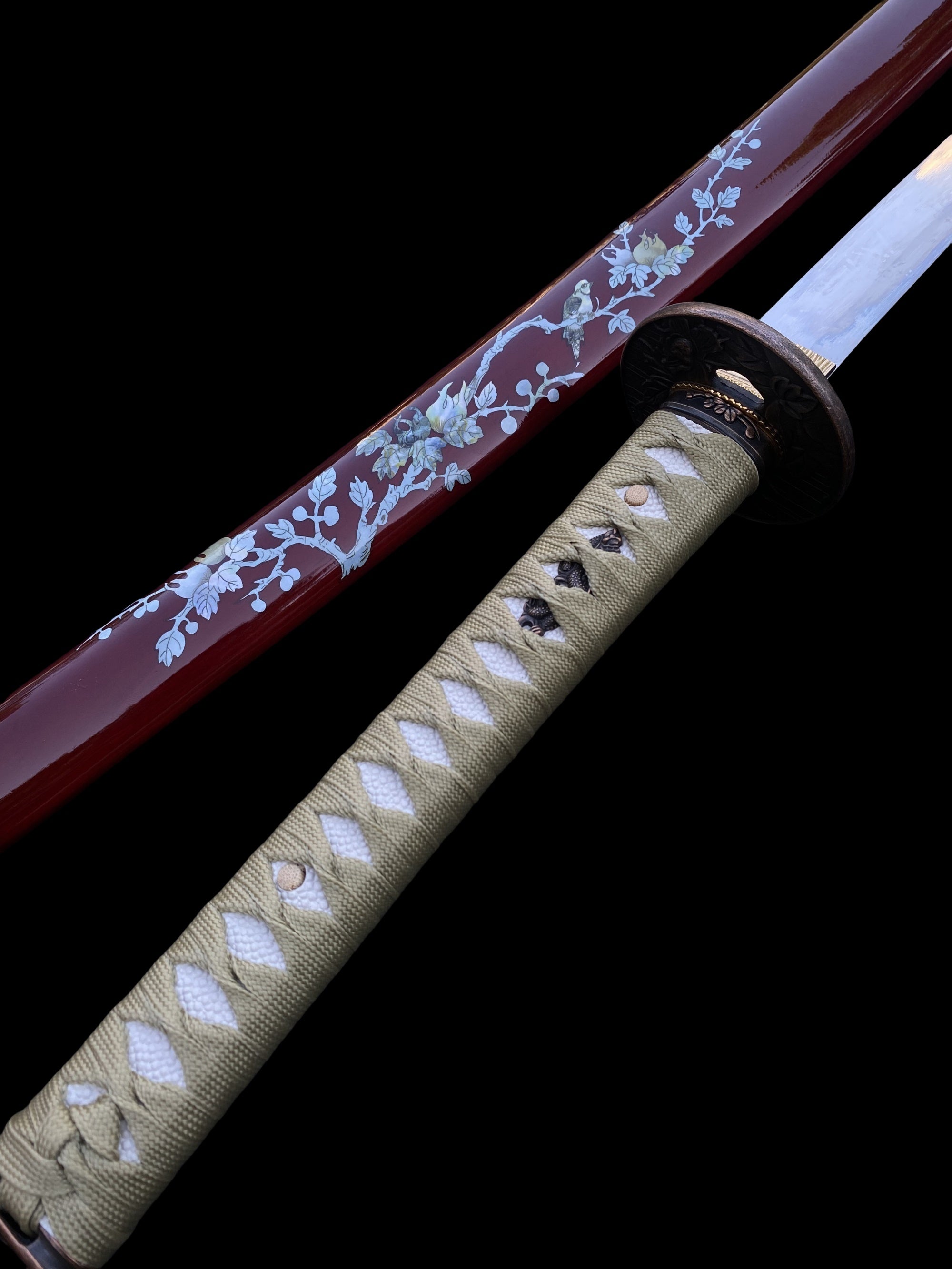 Traditional Japanese Katana Magpie Playing With Plum Blossoms - Tophatter Daily Deals