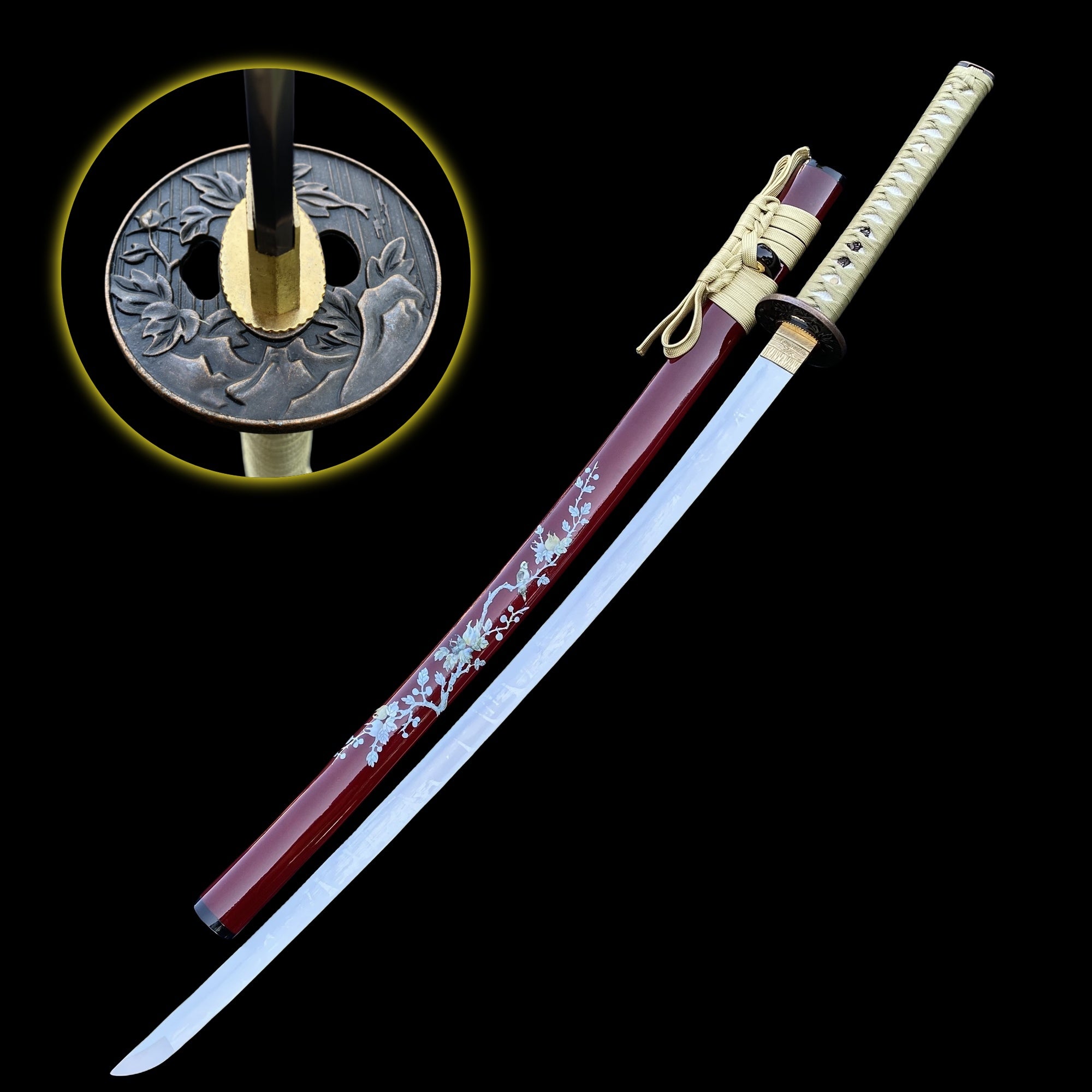 Traditional Japanese Katana Magpie Playing With Plum Blossoms - Tophatter Daily Deals