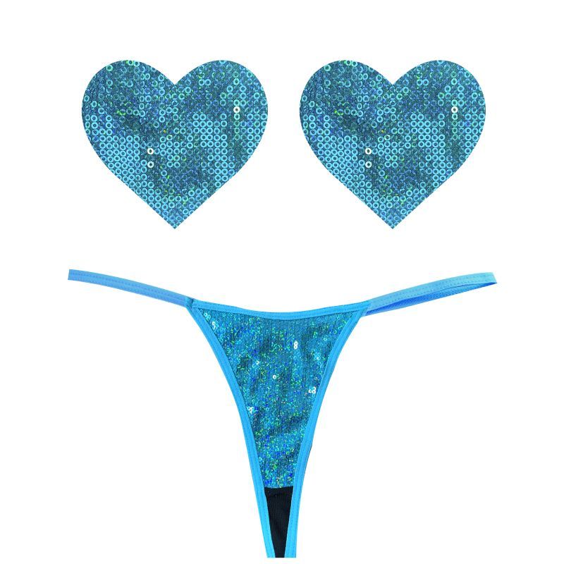Mahi Mahi Blue Sequin G-String and Heart Pastie Set > Clothes > Pasties - Tophatter Daily Deals