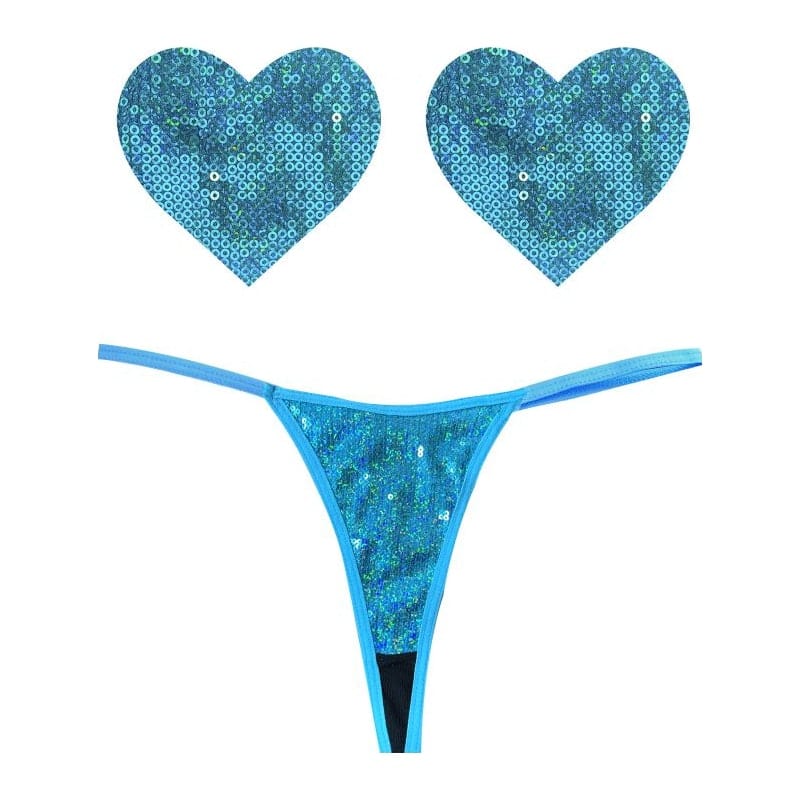 Mahi Mahi Blue Sequin G-String and Heart Pastie Set > Clothes > Pasties - Tophatter Daily Deals