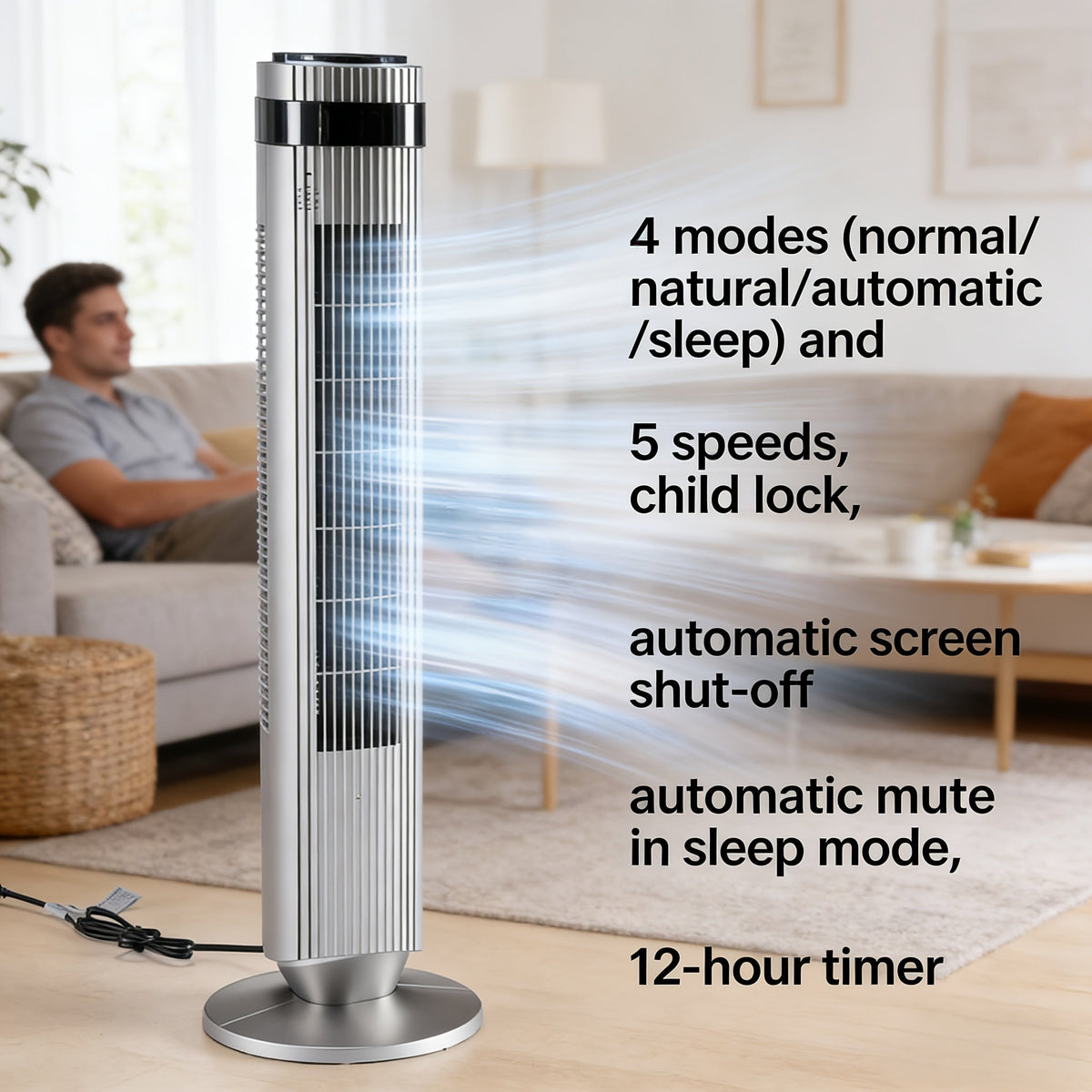 Bladeless Tower Fan - 5 Speeds, 64° Oscillating, Remote & Timer Silver Household Appliances - Tophatter Daily Deals