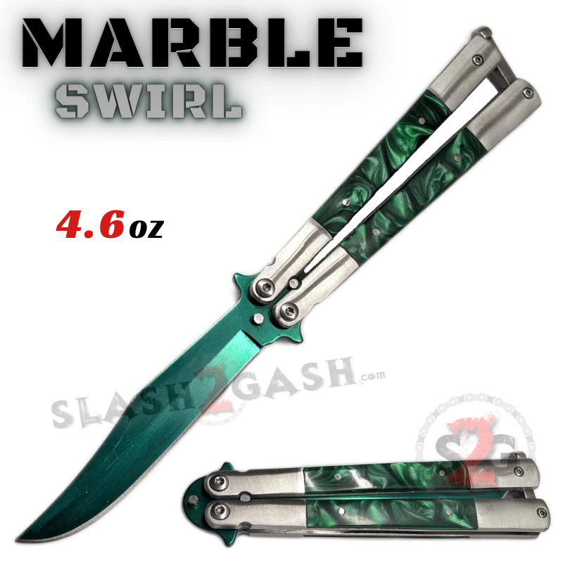 Marble Butterfly Knife Pearl Swirl Single Edge Balisong - Green Green Pearl - Green Blade Knife-Balisong - Tophatter Daily Deals