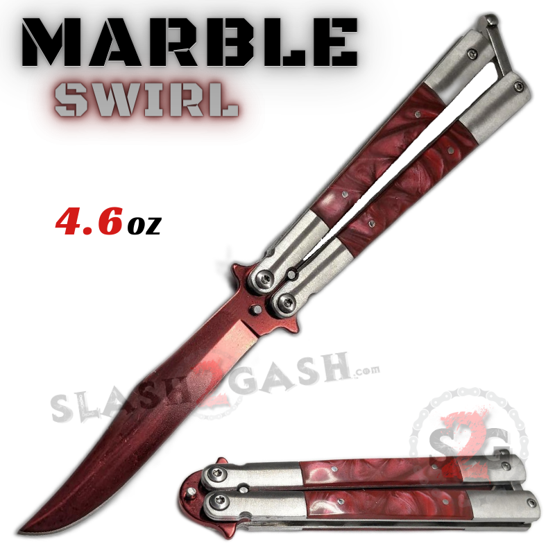 Marble Butterfly Knife Pearl Swirl Single Edge Balisong - Red Red Pearl - Red Blade Knife-Balisong - Tophatter Daily Deals