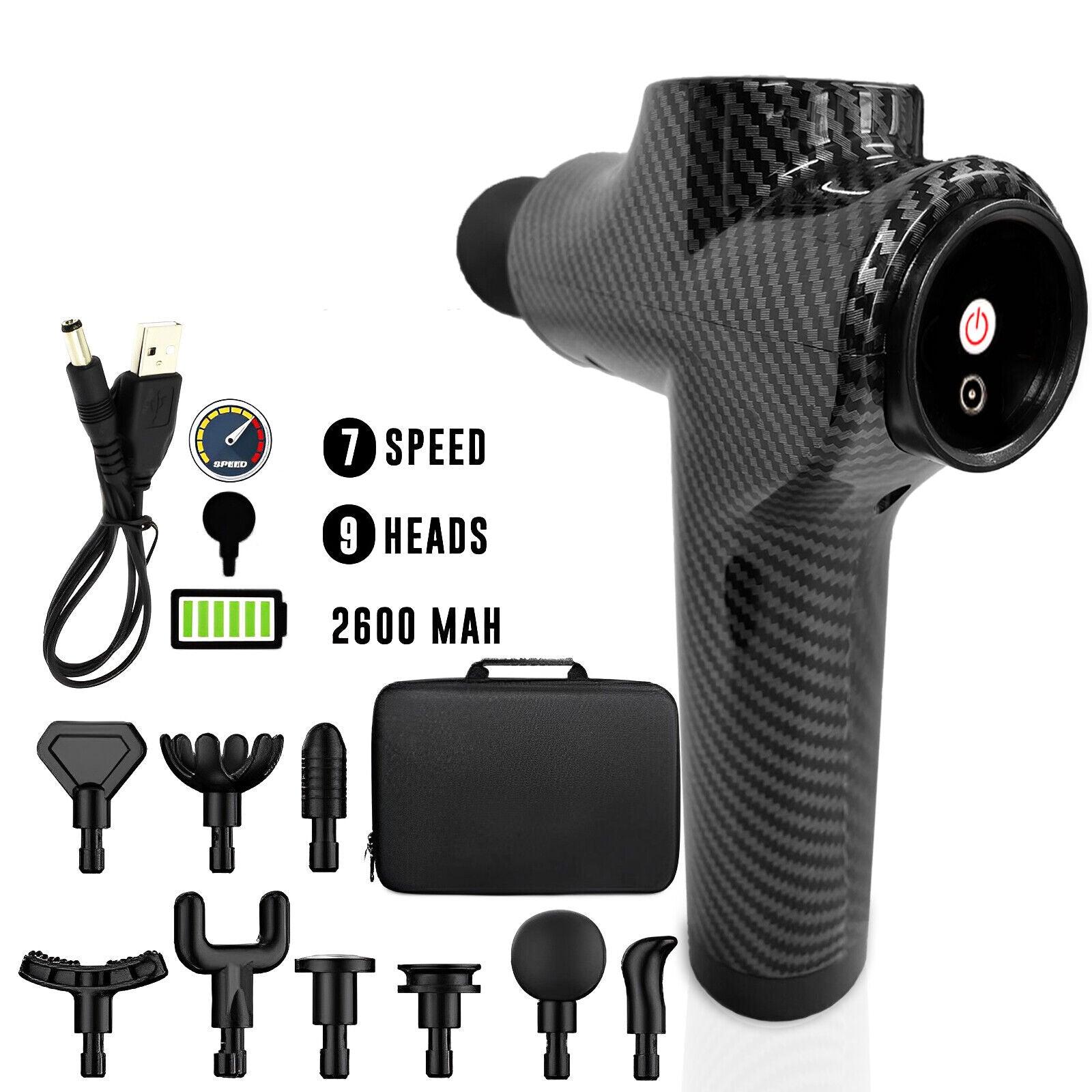 Deep Muscle Massager Gun - Percussion Massager Tissue Relaxing Therapy Carbon Fiber 7 Speed + Button + 9 Heads Exercise & Fitness - Tophatter Daily Deals