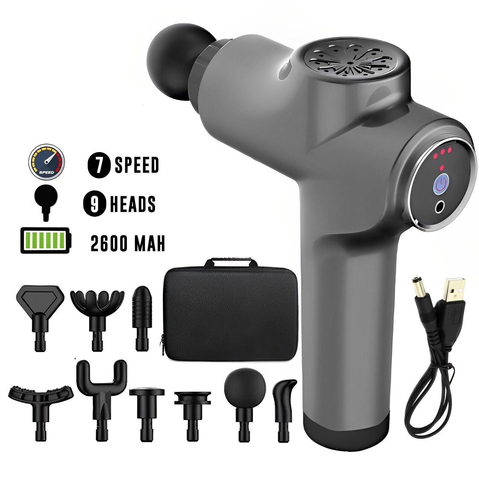 Deep Muscle Massager Gun - Percussion Massager Tissue Relaxing Therapy Grey 7 Speed + Button + 9 Heads Exercise & Fitness - Tophatter Daily Deals