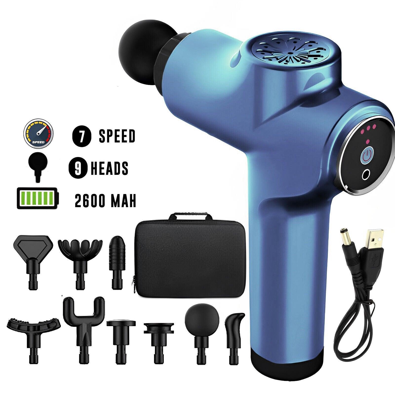 Deep Muscle Massager Gun - Percussion Massager Tissue Relaxing Therapy Blue 7 Speed + Button + 9 Heads Exercise & Fitness - Tophatter Daily Deals