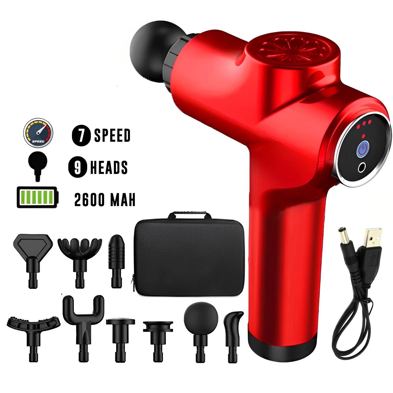 Deep Muscle Massager Gun - Percussion Massager Tissue Relaxing Therapy Red 7 Speed + Button + 9 Heads Exercise & Fitness - Tophatter Daily Deals