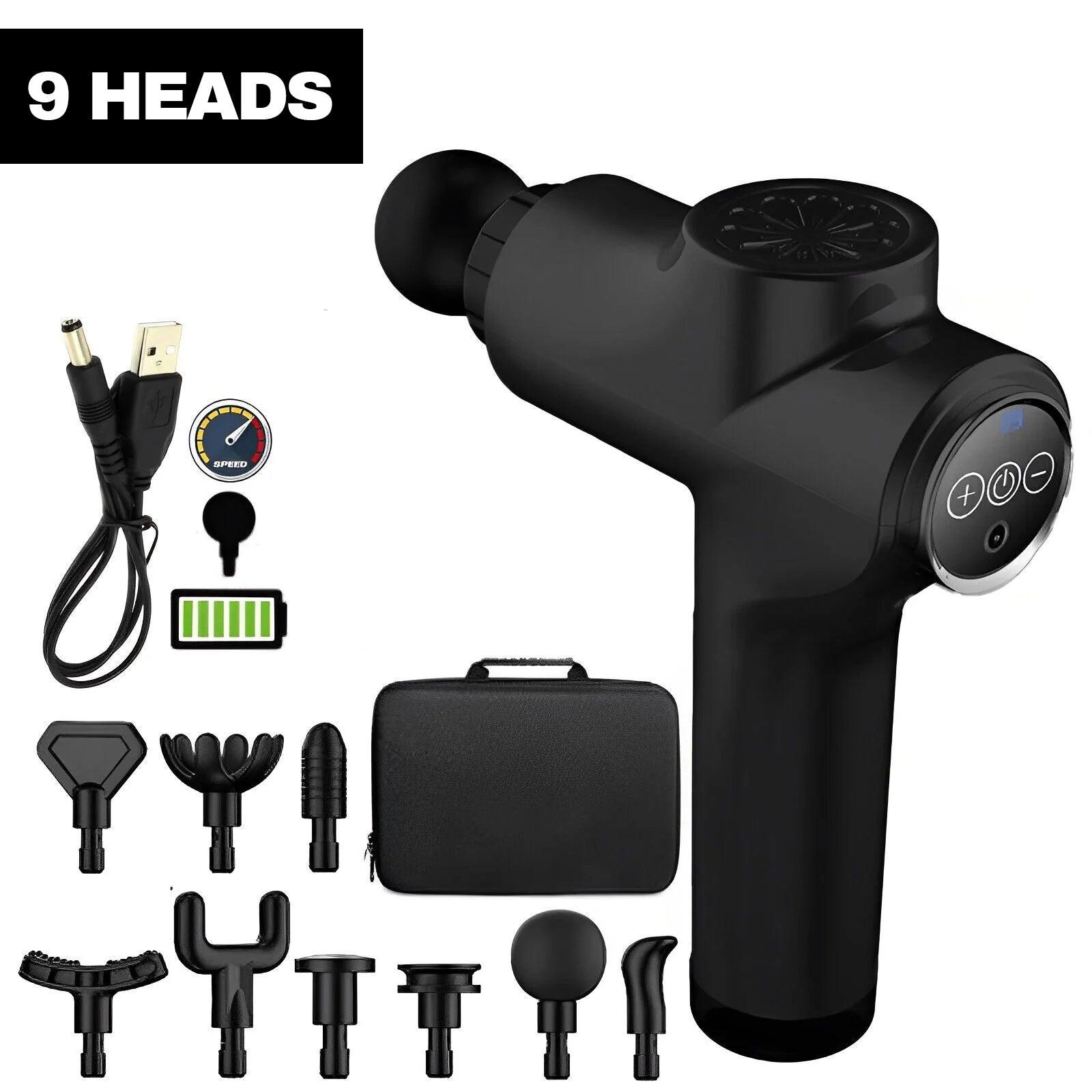 Deep Muscle Massager Gun - Percussion Massager Tissue Relaxing Therapy Black 7 Speed + Button + 9 Heads Exercise & Fitness - Tophatter Daily Deals