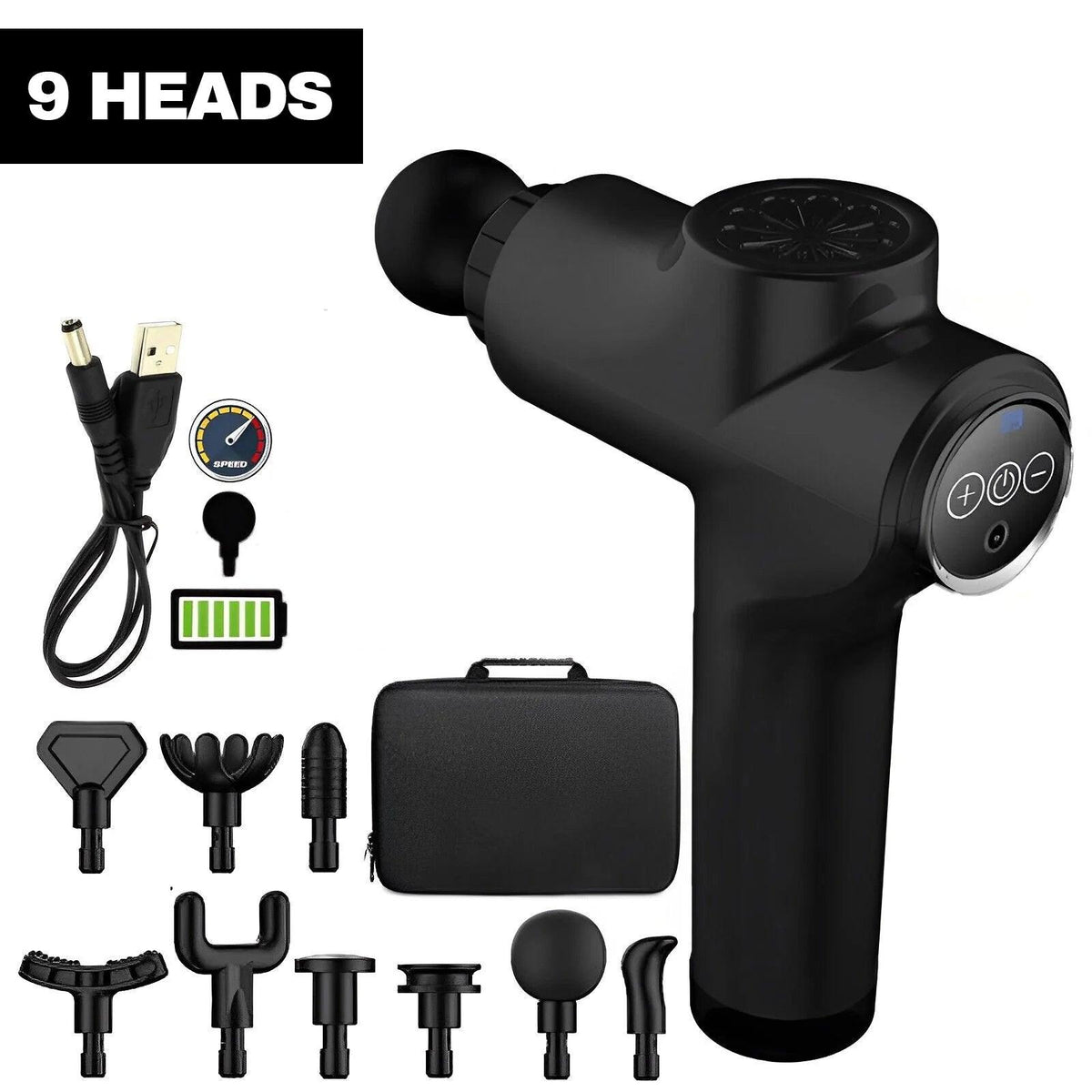 Deep Muscle Massager Gun - Percussion Massager Tissue Relaxing Therapy Black 7 Speed + Button + 9 Heads Exercise & Fitness - Tophatter Daily Deals