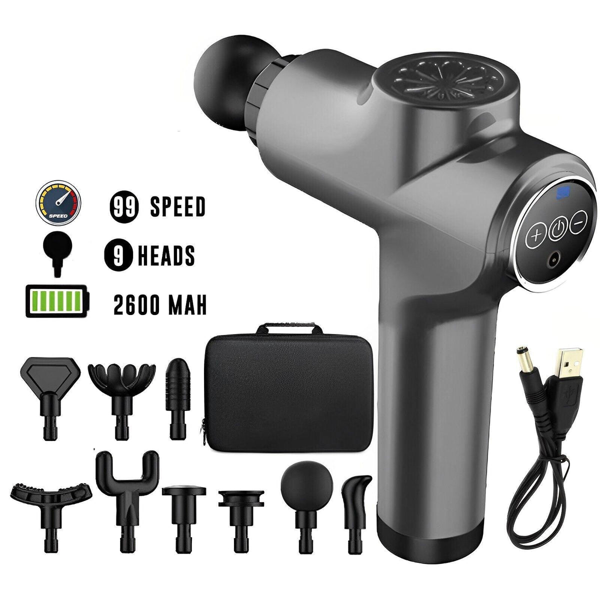 Deep Muscle Massager Gun - Percussion Massager Tissue Relaxing Therapy Grey 99 Speed + Display + 9 Heads Exercise & Fitness - Tophatter Daily Deals