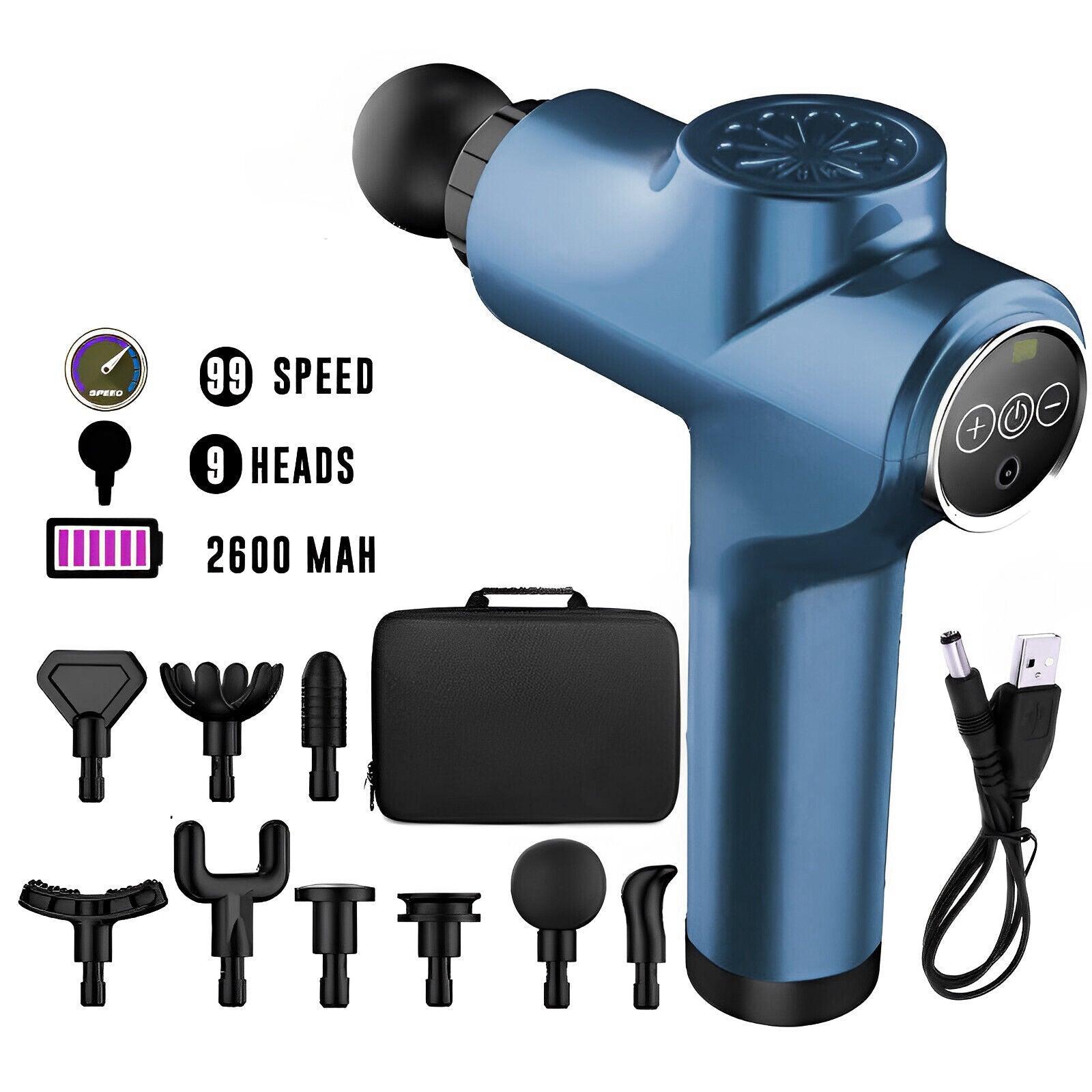 Deep Muscle Massager Gun - Percussion Massager Tissue Relaxing Therapy Blue 99 Speed + Display + 9 Heads Exercise & Fitness - Tophatter Daily Deals