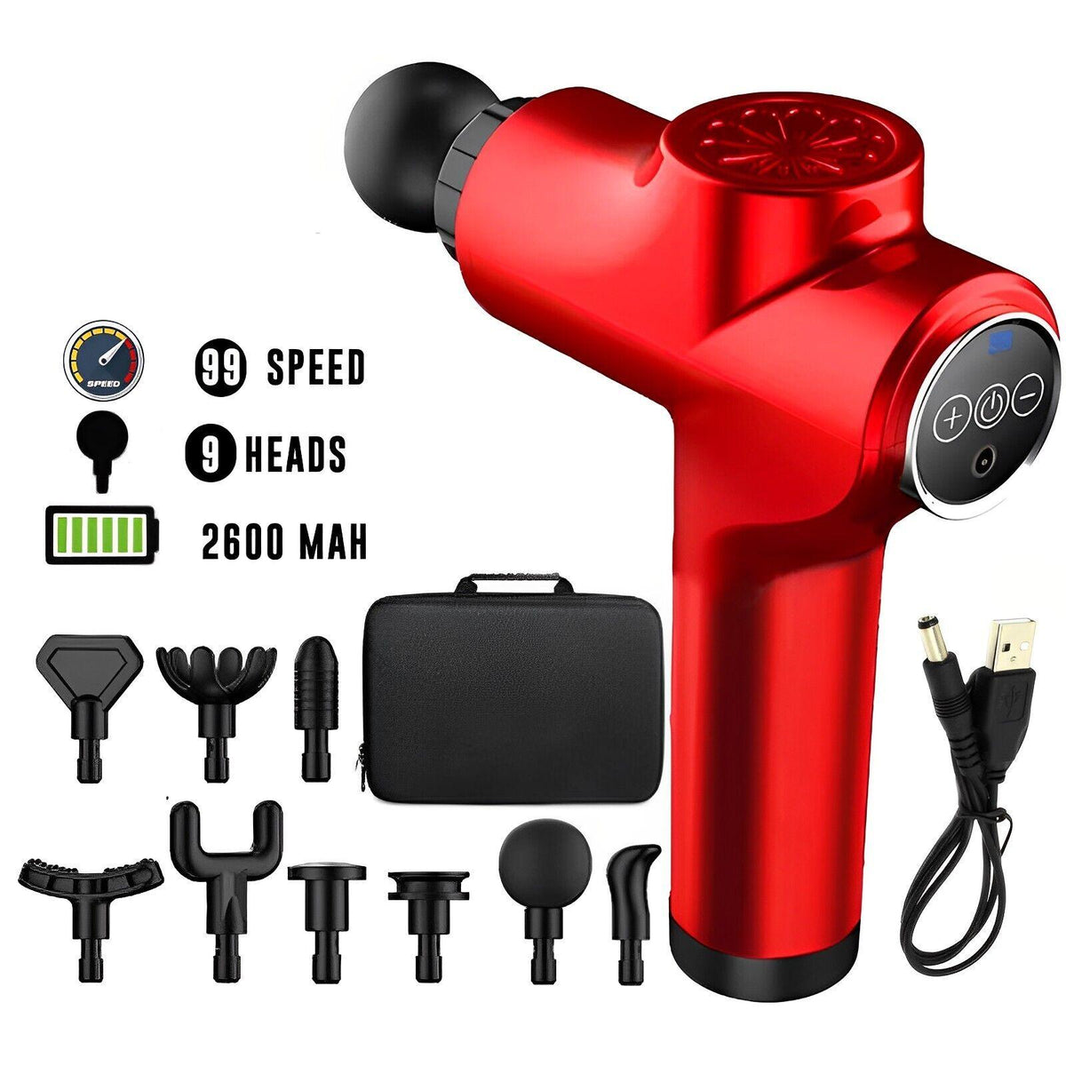 Deep Muscle Massager Gun - Percussion Massager Tissue Relaxing Therapy Red 99 Speed + Display + 9 Heads Exercise & Fitness - Tophatter Daily Deals