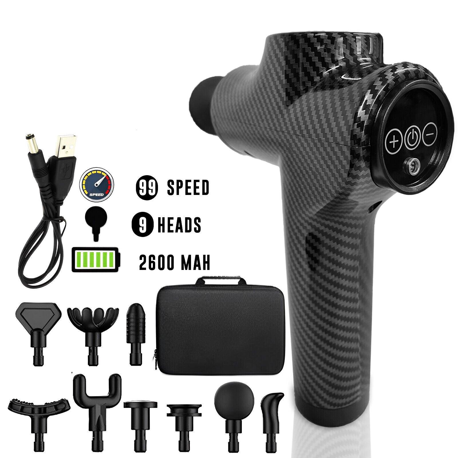 Deep Muscle Massager Gun - Percussion Massager Tissue Relaxing Therapy Carbon Fiber 99 Speed + Display + 9 Heads Exercise & Fitness - Tophatter Daily Deals
