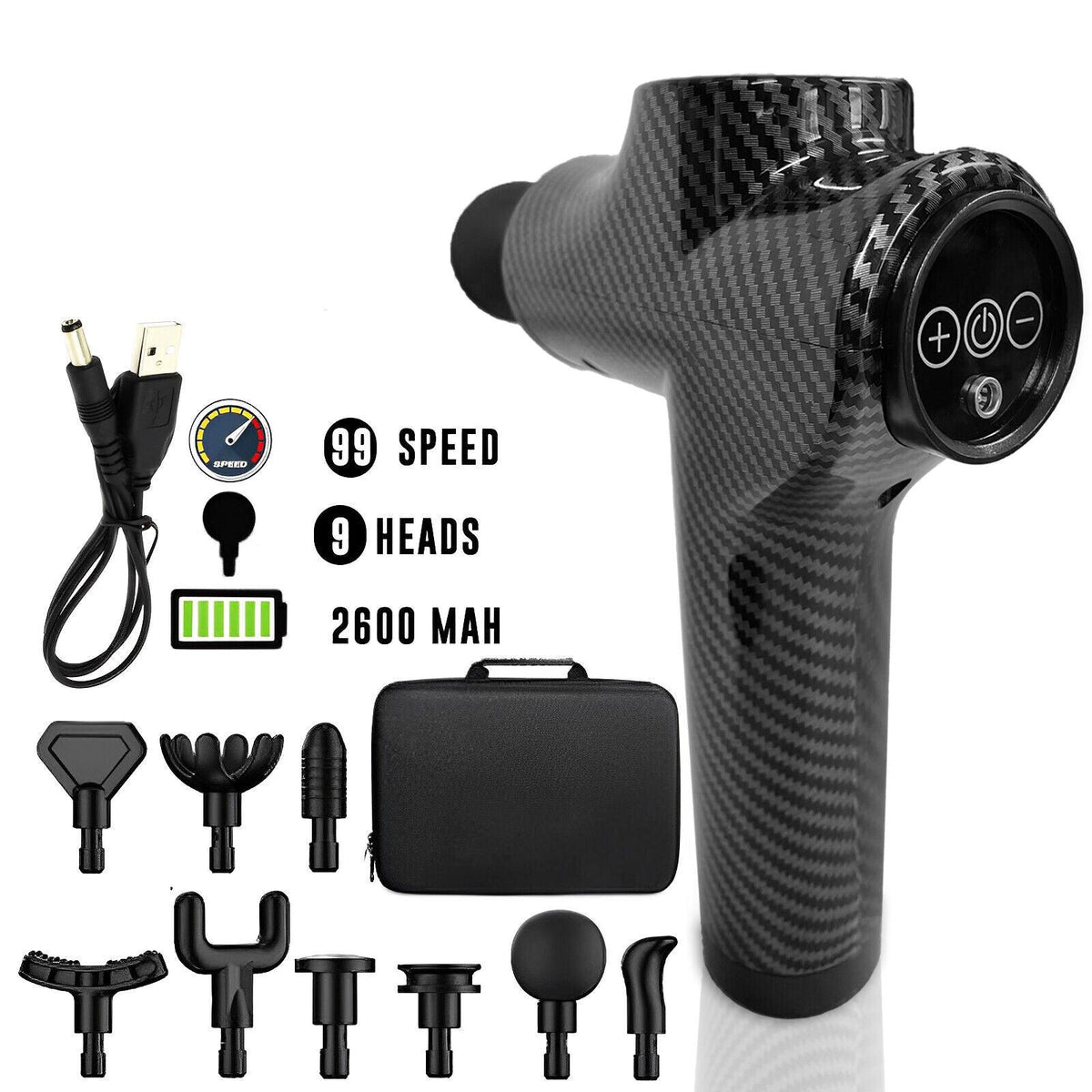 Deep Muscle Massager Gun - Percussion Massager Tissue Relaxing Therapy Carbon Fiber 99 Speed + Display + 9 Heads Exercise & Fitness - Tophatter Daily Deals