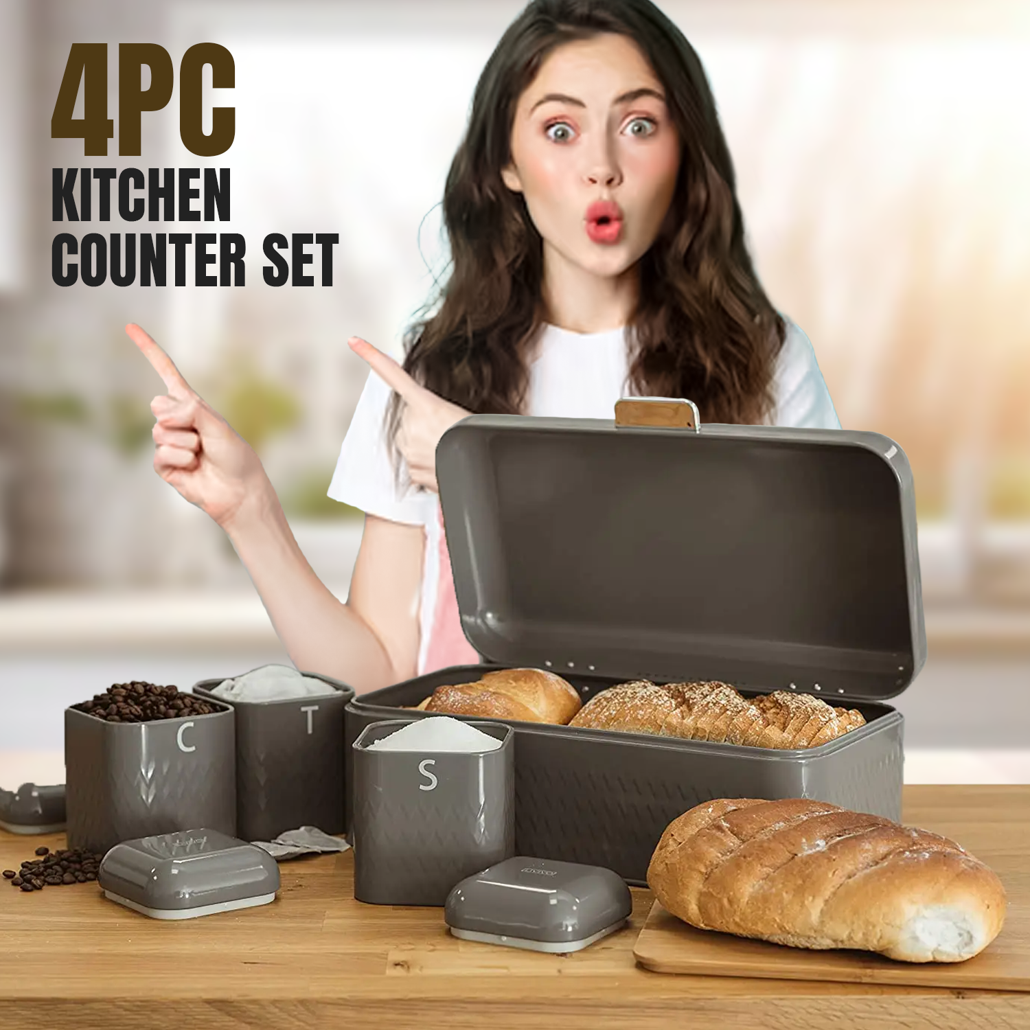 Bread Bin Set – 4-Piece Kitchen Storage Set with Tea, Coffee & Sugar Canisters Kitchen - Tophatter Daily Deals