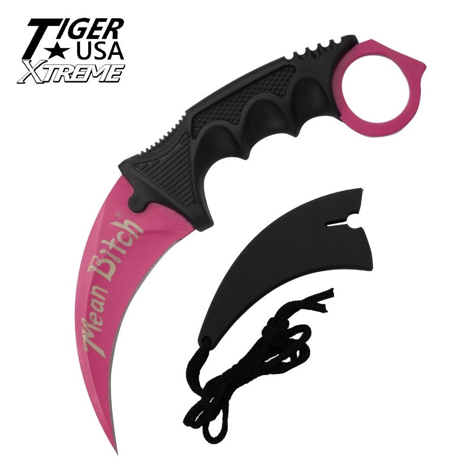 Mean Bitch Karambit Pink Tactical Claw Neck Knife Fixed Blade w/ Sheath Knife-Fixed - Tophatter Daily Deals