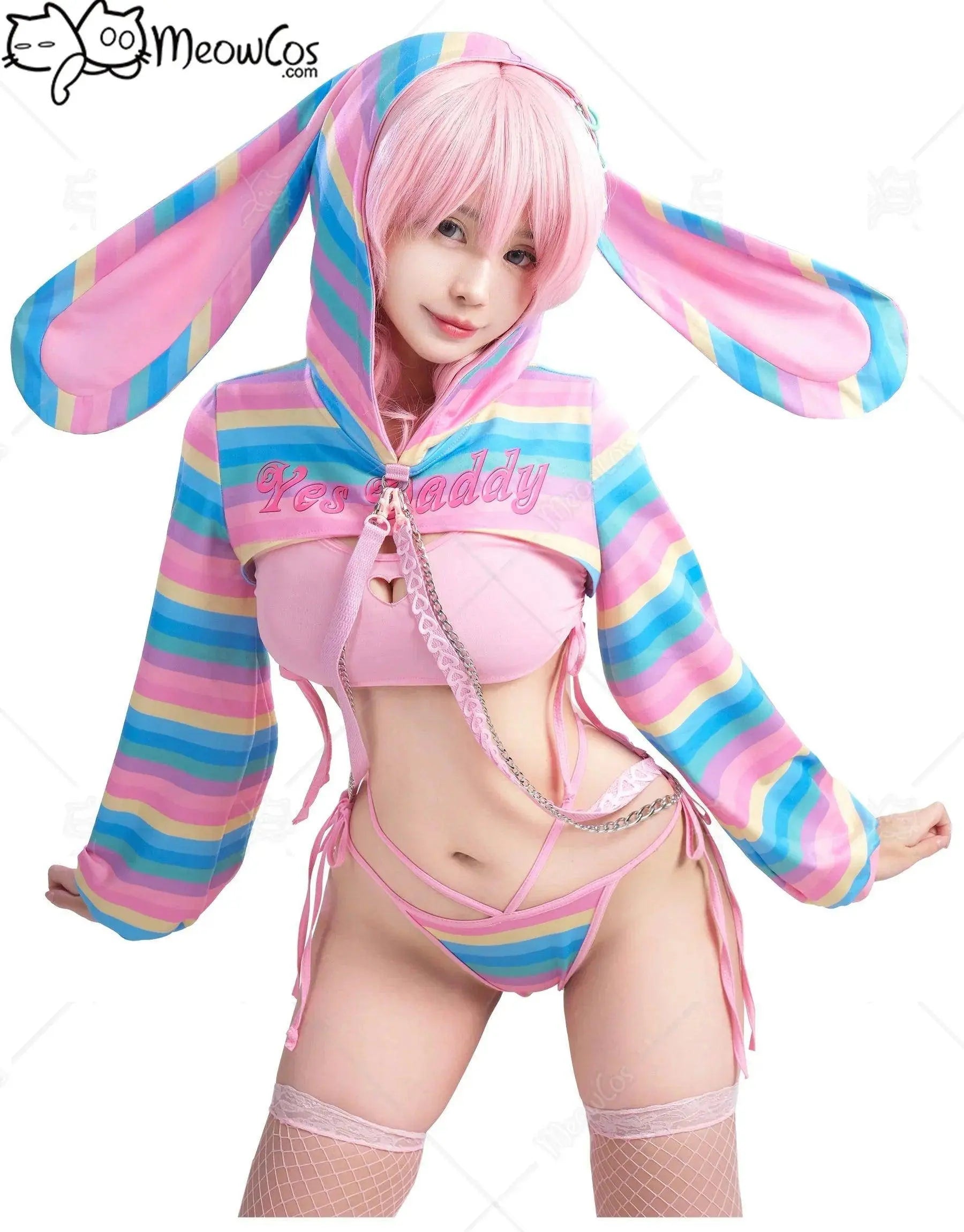 Meowcos Women Sexy Lingerie Set Rainbow Bunny Ear Long Sleeve Top and Vest Panty Set with Fishnet Stockings and Chains Costumes Pink S United States - Tophatter Daily Deals