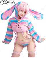 Meowcos Women Sexy Lingerie Set Rainbow Bunny Ear Long Sleeve Top and Vest Panty Set with Fishnet Stockings and Chains Costumes Pink S United States - Tophatter Daily Deals