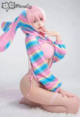 Meowcos Women Sexy Lingerie Set Rainbow Bunny Ear Long Sleeve Top and Vest Panty Set with Fishnet Stockings and Chains Costumes - Tophatter Daily Deals