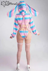 Meowcos Women Sexy Lingerie Set Rainbow Bunny Ear Long Sleeve Top and Vest Panty Set with Fishnet Stockings and Chains Costumes - Tophatter Daily Deals