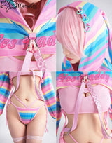 Meowcos Women Sexy Lingerie Set Rainbow Bunny Ear Long Sleeve Top and Vest Panty Set with Fishnet Stockings and Chains Costumes - Tophatter Daily Deals
