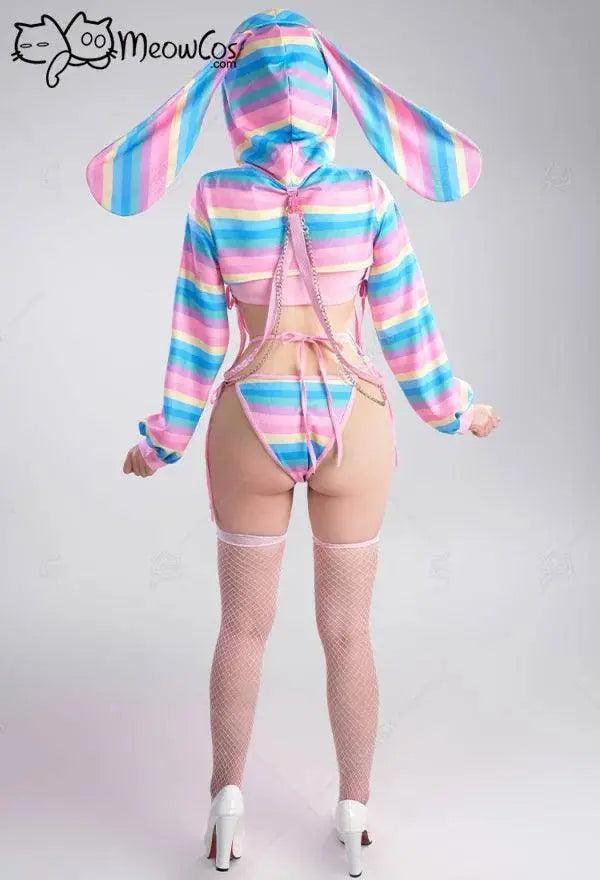 Meowcos Women Sexy Lingerie Set Rainbow Bunny Ear Long Sleeve Top and Vest Panty Set with Fishnet Stockings and Chains Costumes - Tophatter Daily Deals