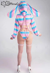 Meowcos Women Sexy Lingerie Set Rainbow Bunny Ear Long Sleeve Top and Vest Panty Set with Fishnet Stockings and Chains Costumes - Tophatter Daily Deals