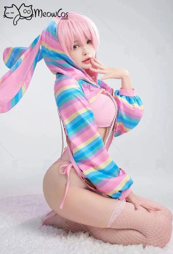Meowcos Women Sexy Lingerie Set Rainbow Bunny Ear Long Sleeve Top and Vest Panty Set with Fishnet Stockings and Chains Costumes - Tophatter Daily Deals