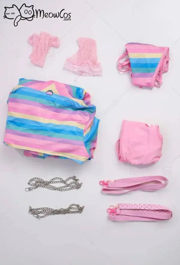 Meowcos Women Sexy Lingerie Set Rainbow Bunny Ear Long Sleeve Top and Vest Panty Set with Fishnet Stockings and Chains Costumes - Tophatter Daily Deals