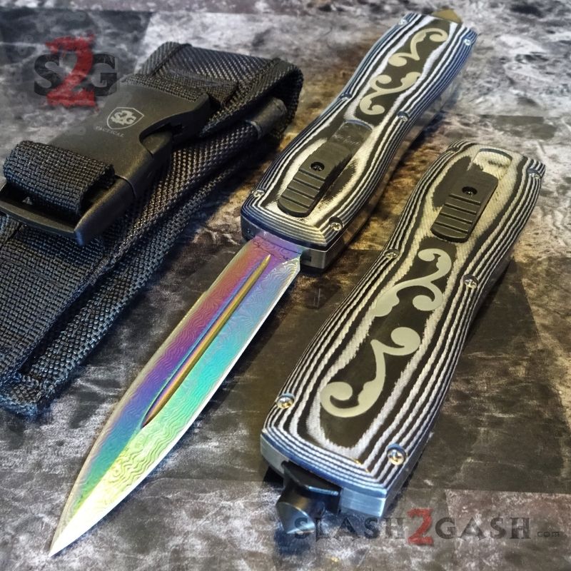 Automatic D/A Knife OTF Titanium Fade Damascus Finish Micarta Handle 440c Knife-OTF - Tophatter Daily Deals