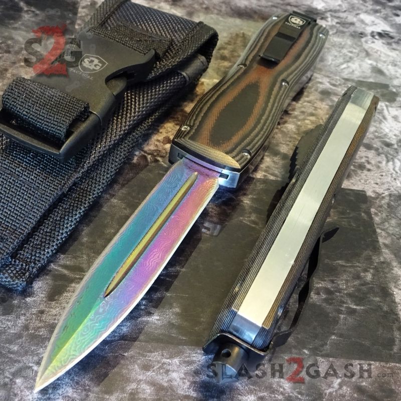 Automatic D/A Knife OTF Titanium Fade Damascus Finish Micarta Handle 440c Knife-OTF - Tophatter Daily Deals