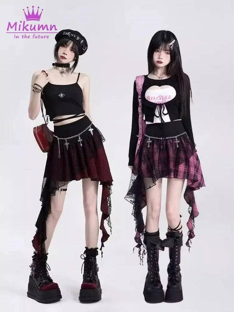 Mikumn Gothic Punk Rock Irregular Plaid Skirt Harajuku Y2k Girls Fashion High Waist Asymmetric Lace Short Skirts Chic Streetwear - Tophatter Daily Deals
