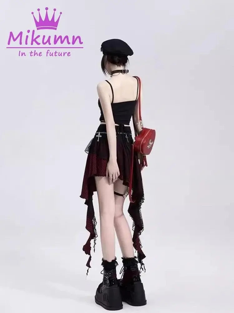 Mikumn Gothic Punk Rock Irregular Plaid Skirt Harajuku Y2k Girls Fashion High Waist Asymmetric Lace Short Skirts Chic Streetwear - Tophatter Daily Deals
