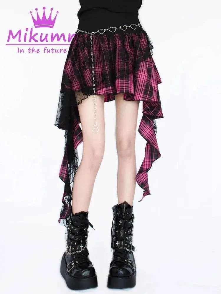 Mikumn Gothic Punk Rock Irregular Plaid Skirt Harajuku Y2k Girls Fashion High Waist Asymmetric Lace Short Skirts Chic Streetwear - Tophatter Daily Deals