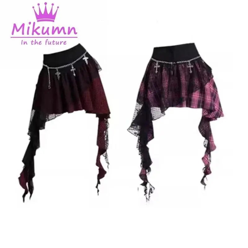 Mikumn Gothic Punk Rock Irregular Plaid Skirt Harajuku Y2k Girls Fashion High Waist Asymmetric Lace Short Skirts Chic Streetwear - Tophatter Daily Deals