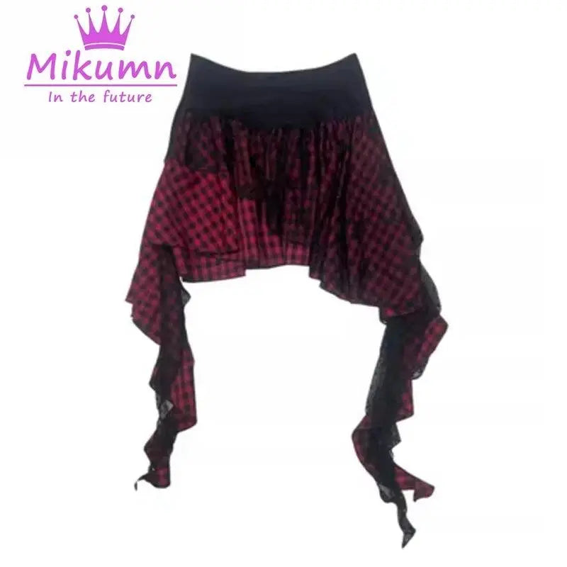 Mikumn Gothic Punk Rock Irregular Plaid Skirt Harajuku Y2k Girls Fashion High Waist Asymmetric Lace Short Skirts Chic Streetwear Red - Tophatter Daily Deals