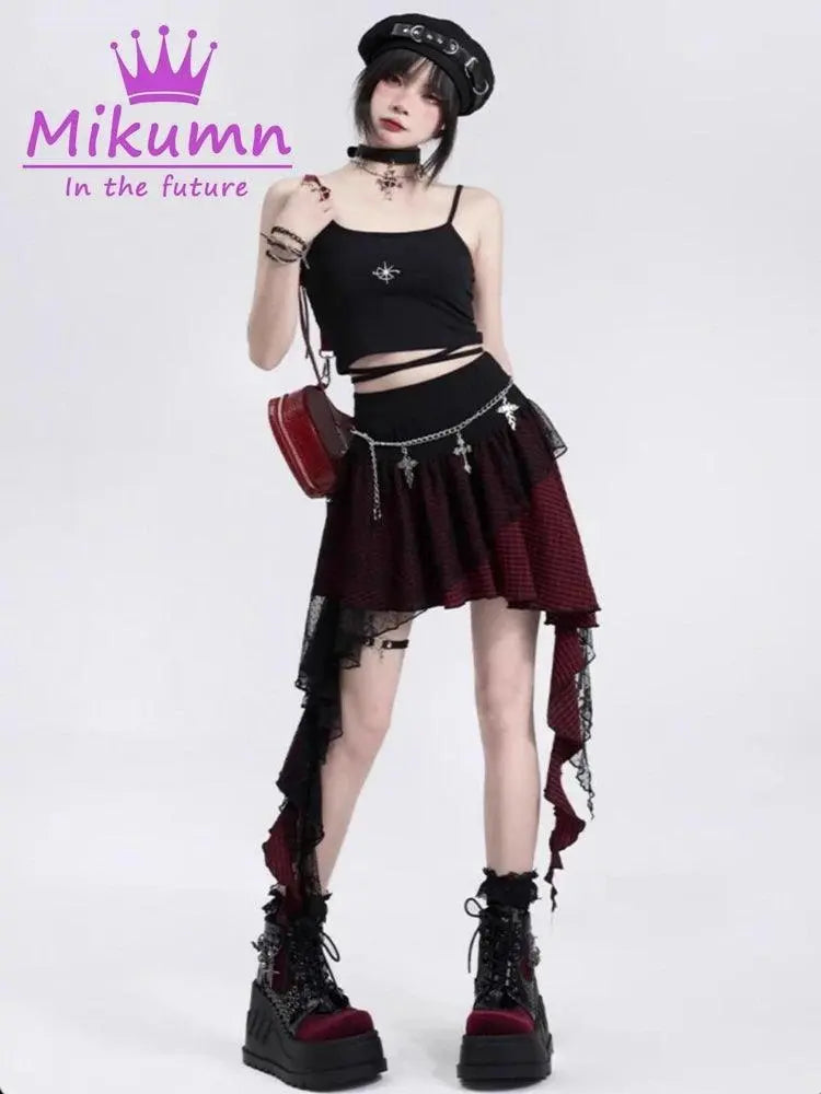 Mikumn Gothic Punk Rock Irregular Plaid Skirt Harajuku Y2k Girls Fashion High Waist Asymmetric Lace Short Skirts Chic Streetwear - Tophatter Daily Deals