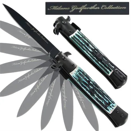 Milano Godfather Spring Assisted Stag Knife - Blue - Tophatter Daily Deals