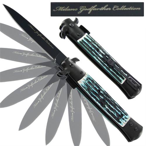 Milano Godfather Spring Assisted Stag Knife - Blue - TOPHATTER'S ARMORY DEALS Collectible Weapons - Tophatter Daily Deals