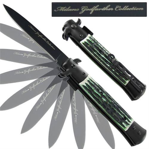 Milano Godfather Spring Assisted Stag Knife - Green - TOPHATTER'S ARMORY DEALS Collectible Weapons - Tophatter Daily Deals