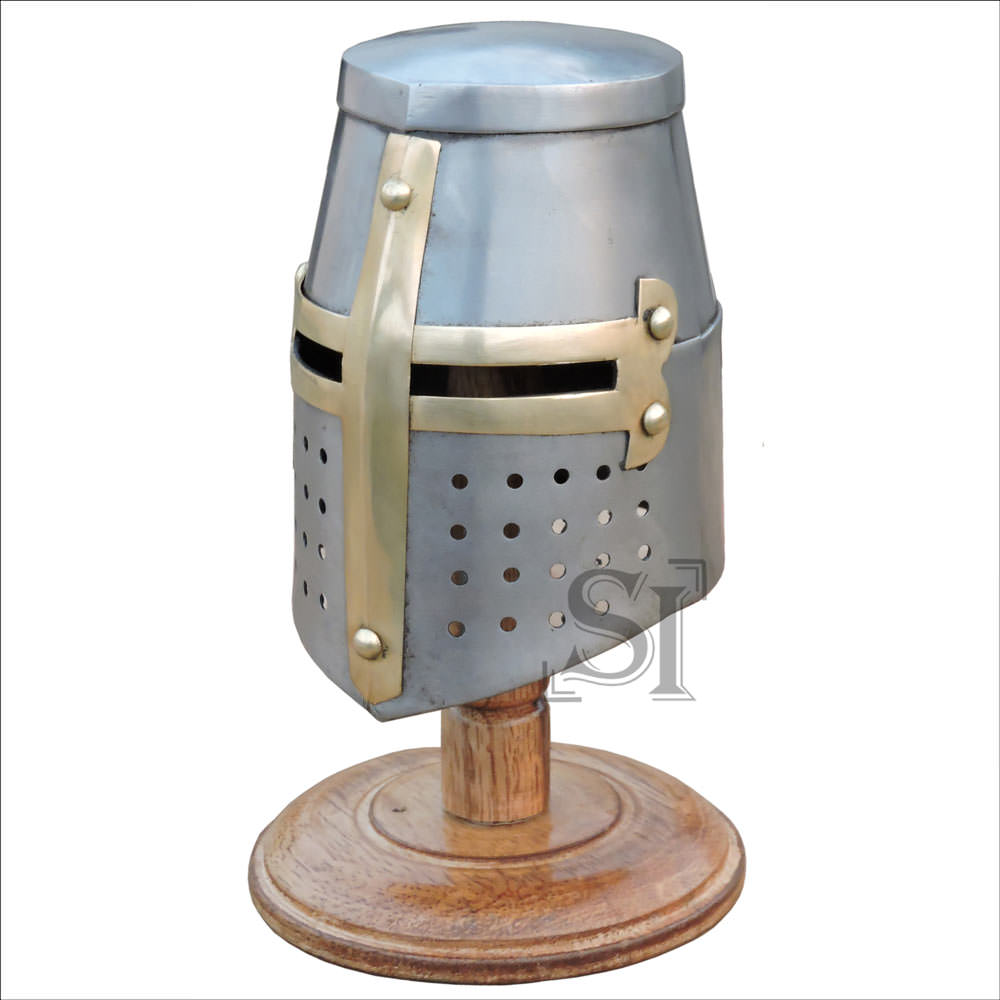 Miniature Brass Crusader Knight Helmet Display Collectible With Stand - Tophatter's Guns'N'Weapons Store - FREE SHIPPING Collectible Weapons - Tophatter Daily Deals