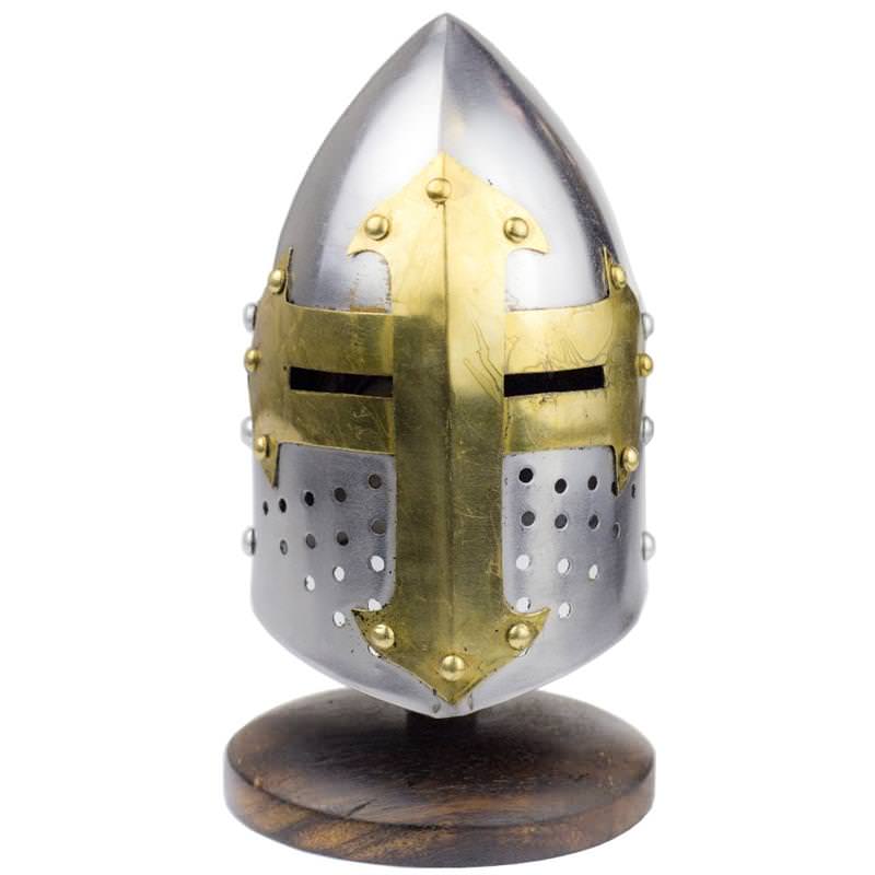 Miniature Brass Crusader Great Helmet Display Collectible With Stand - Tophatter's Guns'N'Weapons Store Collectible Weapons - Tophatter Daily Deals