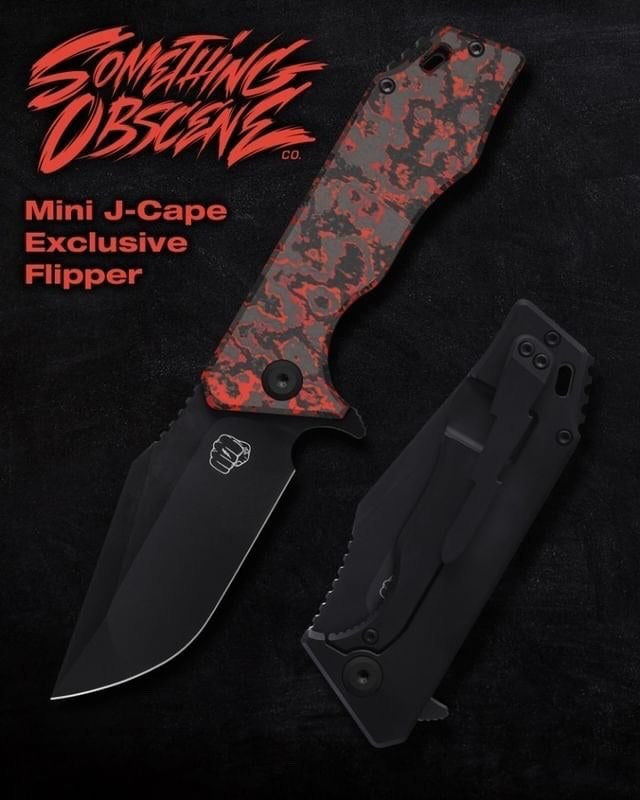 Something Obscene Company Mini J-Cape - St. Nick's Knives Exclusive - CPM-20CV Steel - Fat Carbon Lava Flow Front Scale - Titanium Handle - Flipper Knives - Tophatter Daily Deals