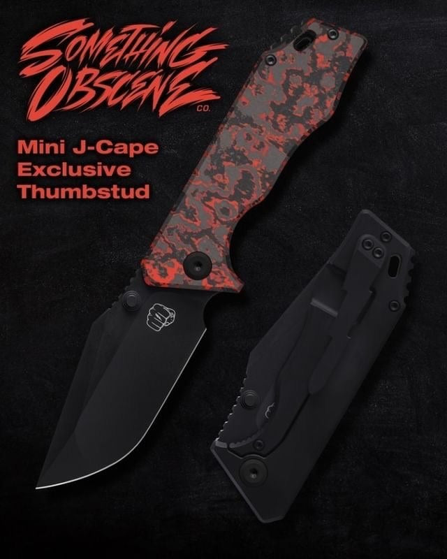 Something Obscene Company Mini J-Cape - St. Nick's Knives Exclusive - CPM-20CV Steel - Fat Carbon Lava Flow Front Scale - Titanium Handle - Thumbstud Knives - Tophatter Daily Deals