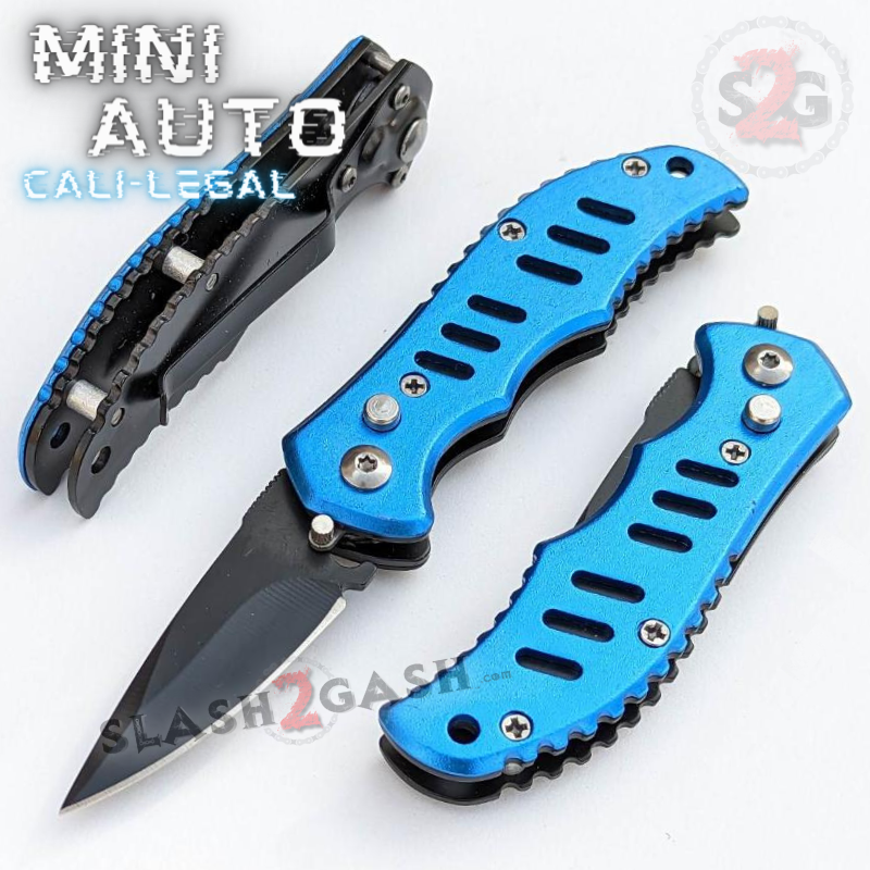 Mini Auto Knife Cali Legal Switchblade w/ Safety - Slotted, Asst. Colors Blue Knife-Auto - Tophatter Daily Deals