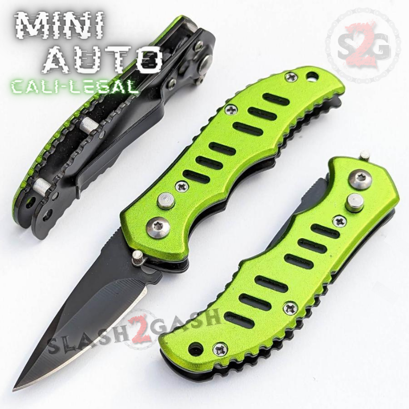 Mini Auto Knife Cali Legal Switchblade w/ Safety - Slotted, Asst. Colors Green Knife-Auto - Tophatter Daily Deals